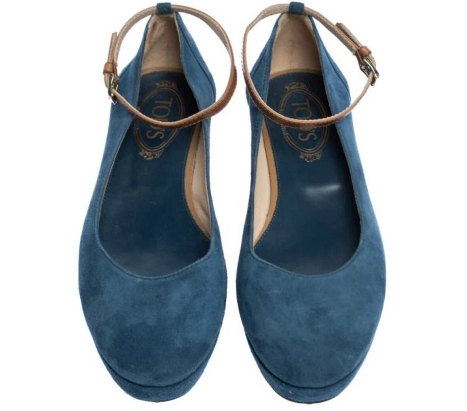 Zapatos de salón Tod's de gamuza azul con correa al tobillo plataforma cuña talla 37,5. ¡Cómodo! Foto 3 de 4
