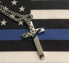 Thin Blue Line Cross Necklace Stainless Steel With 24" Very High Quality 