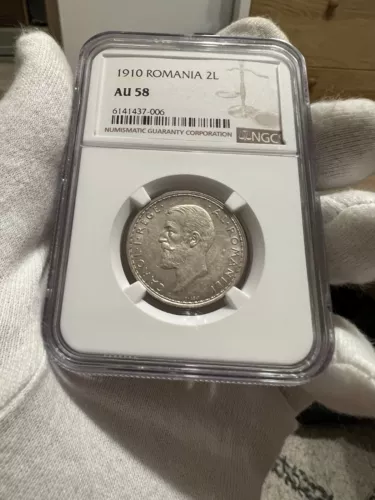 2 Lei 1910 Hamburg mint, Silver, Romania NGC AU58