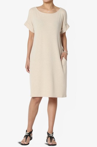 TheMogan S~3XL Rolled Short Sleeve Pocket Boxy Relaxed Jersey Midi T-Shirt Dress - Picture 108 of 187