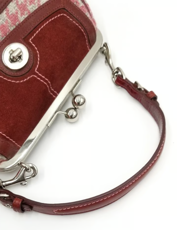 Coach Vintage Pink/Maroon Tweed Kiss Lock Shoulder Bag With