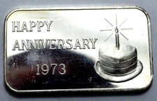 HAPPY ANNIVERSARY 1973 CRABTREE MINT PARADISE, CA 1 OZ 999 SILVER BAR RARE INGOT
