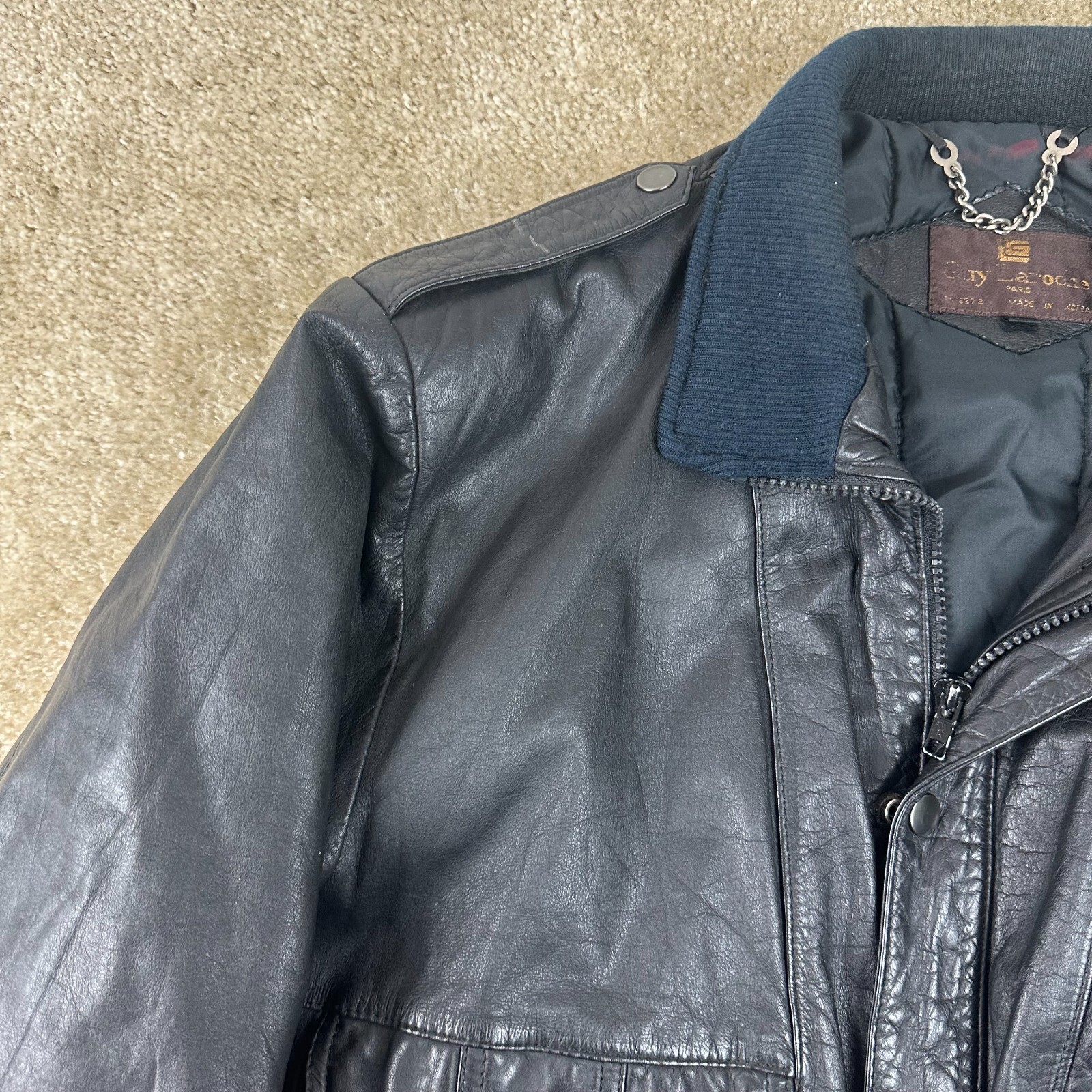 Guy Laroche Paris Mens Bomber Jacket L Leather Zip Up snap Black