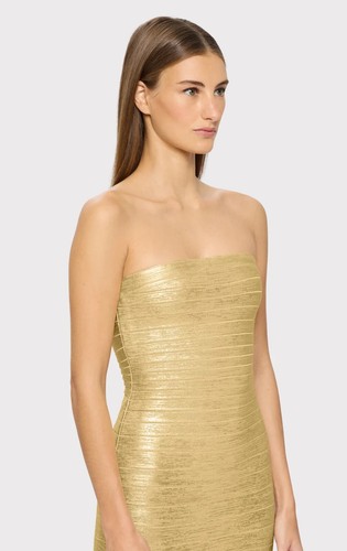 Herve Leger Strapless Dress Gold Metallic Foil Bandage Cocktail Mini L NWT $890