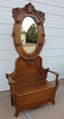 Antique Art Nouveau Ornate Quartersawn Oak Hall Seat Bench Oval Mirror Lion Hook
