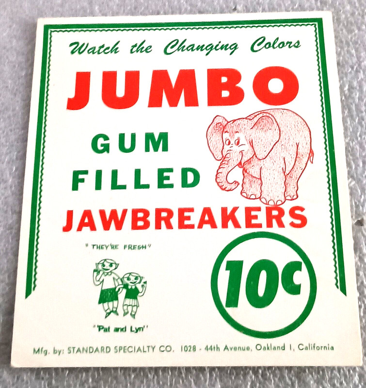 Jumbo Jawbreakers Elephant Gum Standard Specialty Vend Machine Display Card '60s