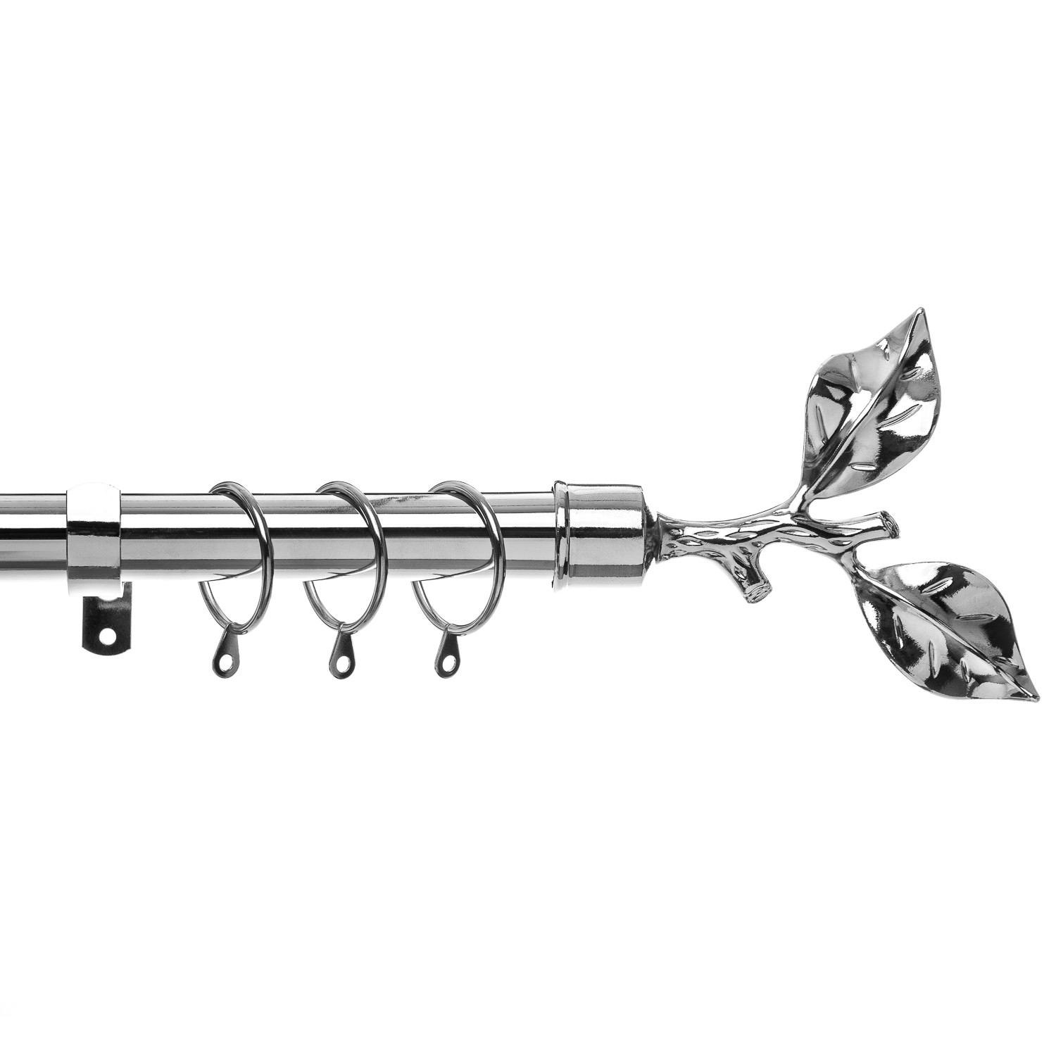 Leaf Metal Curtain Pole Set Chrome Extendable 28mm Finials Rings