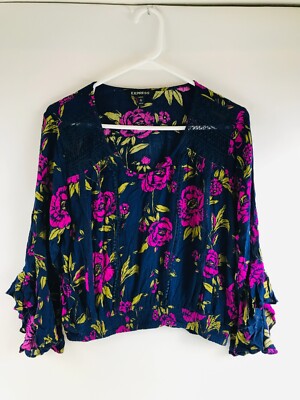 Express Blouse Women's Size M Petite Navy Blue Purple Floral Peasant Bell Sleeve