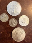 US Silver American Silver Coin Lot: .999 Silver Eagle, Pease Dollar, Half Lot 22