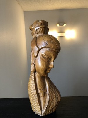 VTG Balinese Indonesian Hand Carved Wooden Woman Bust Mid Century 12.5 