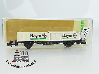 MV674 Escala N MINITRIX 13971 K Tragwagen mit 2 Bayer Containern der DB OVP