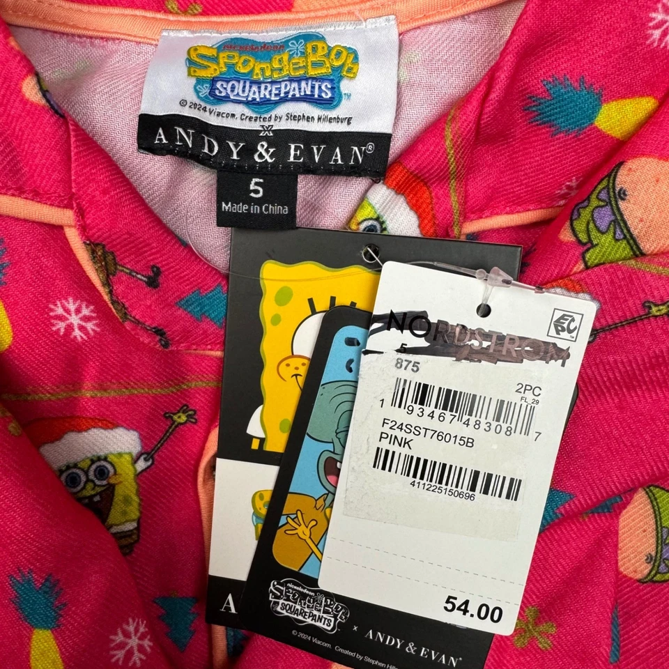 Conjunto de pijama infantil Andy & Evan Bob Esponja calça quadrada tamanho 5 rosa Natal aconchegante - Imagem 3 de 4