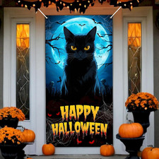 Halloween Decorations Black Cat Spiderweb Bats Moon Door Cover Banner 35X71"