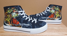 Ed Hardy Men's High Top Canvas Shoes Sneakers Black Grey w/Tiger Logos US 9.5