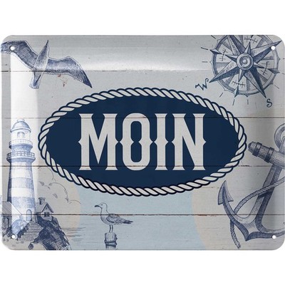 LANOLU Blechschild Moin Maritim Holzoptik Leuchtturm Anker Möwe - 15x20cm