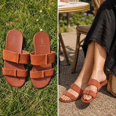 M&S hellbraune Wildleder-Pantoletten mit zwei Riemen UK 4 Slipper Sommersandalen