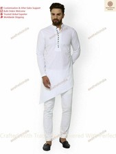 Mens Kurta Cotton Long Kurta White Top Tonic Indian Traditional Party Dress Kurt