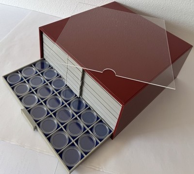 BEBA Mini Münzk. rot kpl. m. Schubladen, Filzeinlagen, Münzkaps. u. Abdecksch.