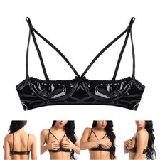 Women Lady Cupless Shelf Bra Faux Leather Open Cup Sexy-Lingerie Exposed Nipples