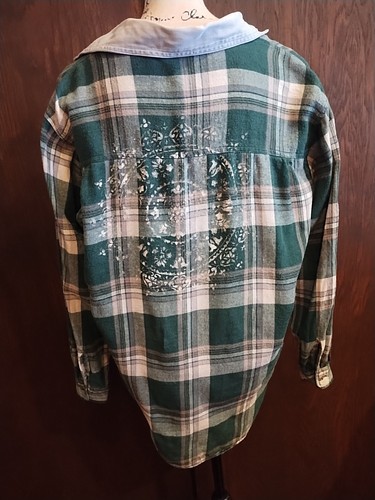 Vintage Flannel Painted Distressed XL shirt Button Green Denim Collar Plaid