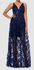 Xscape Women Blue 3D Floral-Applique Sequined Gown Dress Size 8