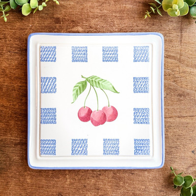 Vintage Pfaltzgraff Hopscotch Cherry Tile Trivet Blue Checker 7.5''