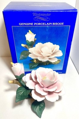 VTG-Westminster Large Porcelain Blooming White & Pink Rose Figurine Flower w/Box