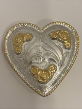 Beautiful Western Etched Heart Shape Montana Silver Belt Buckle.