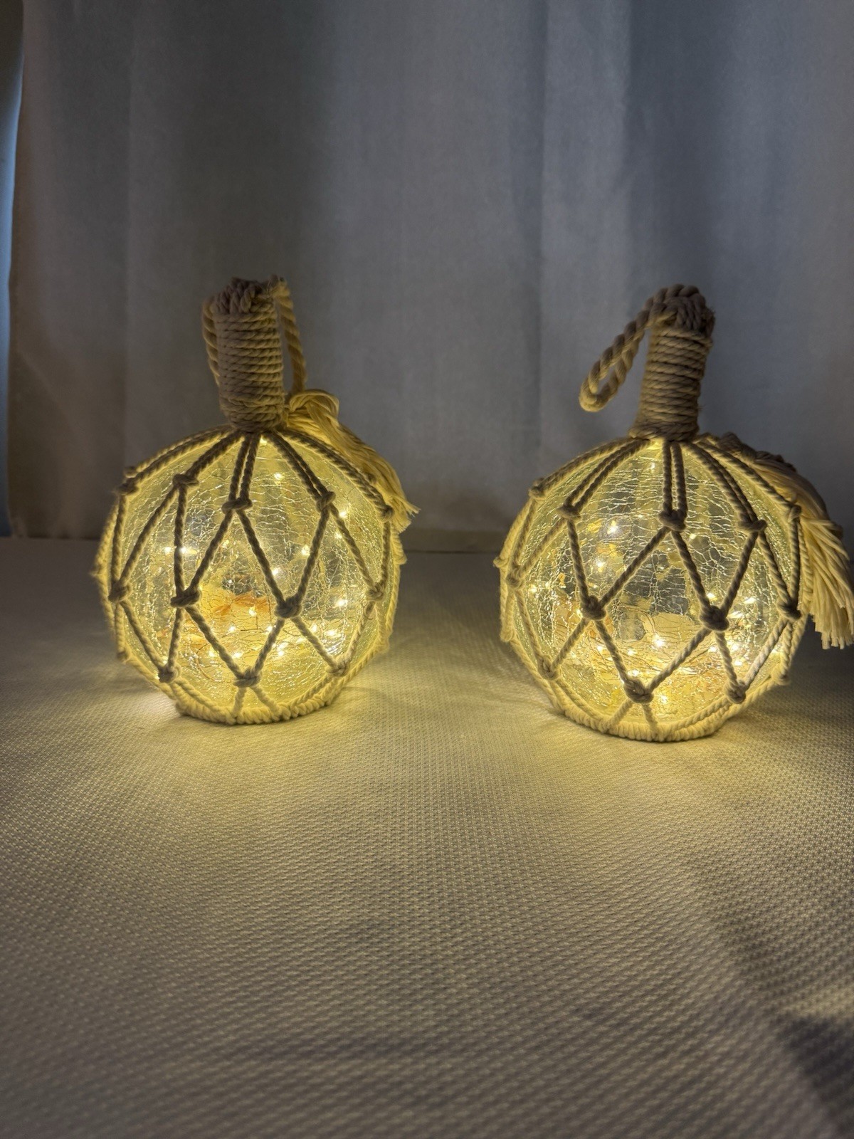 Set of 2 Nautical Glass Rope Lanterns w/ LED Lights – Beach Coastal Decor