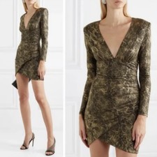 Alice + Olivia Diaz Plunging Long Sleeve Dress Black & Gold Ruched Mini Size 4