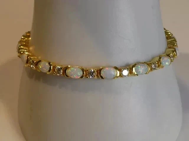 Pulseira de tênis 10 quilates corte oval criada em laboratório opala fogo presente folheada a ouro amarelo 14K - Imagem 3 de 4