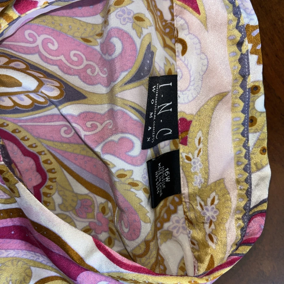 Blusa Inc Talla 16 W Seda Manga Larga Rosa Estampado Paisley Foto 4 de 4