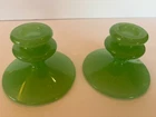 Two Fenton like Green Opaque Glass Candlesticks., Rolled Rim, Art Deco Design