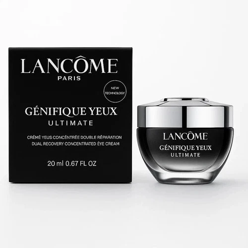 Black bottle of Lancôme Genifique Yeux Ultimate eye cream with silver cap, white text, and green 20ml/0.67oz label.