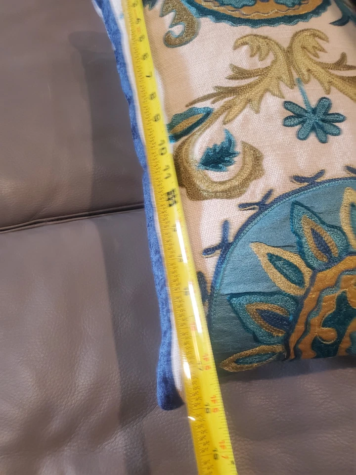 Pier1 Floral Blue Gold Embroidered Cotton Decorative Pillow 18"x 12" Farmhouse - Image 3 of 4