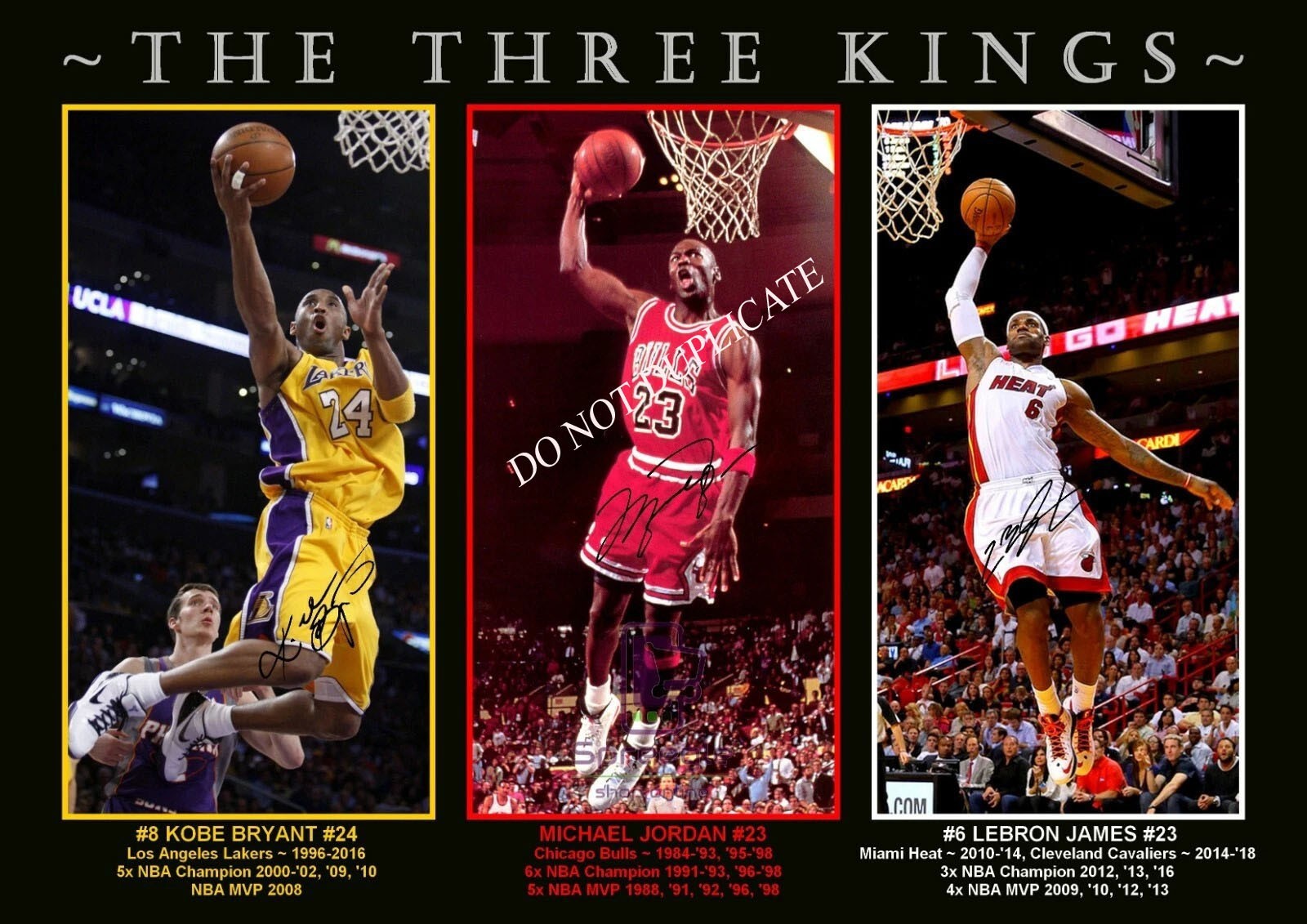 JORDAN   -   BRYANT  -  JAMES  -  11  X  15 1/2   GLOSSY  SIGNED  PHOTO  REPRINT