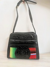 Vintage Hand Tooled Leather Purse Black With Serape Panels Western Boho Bag