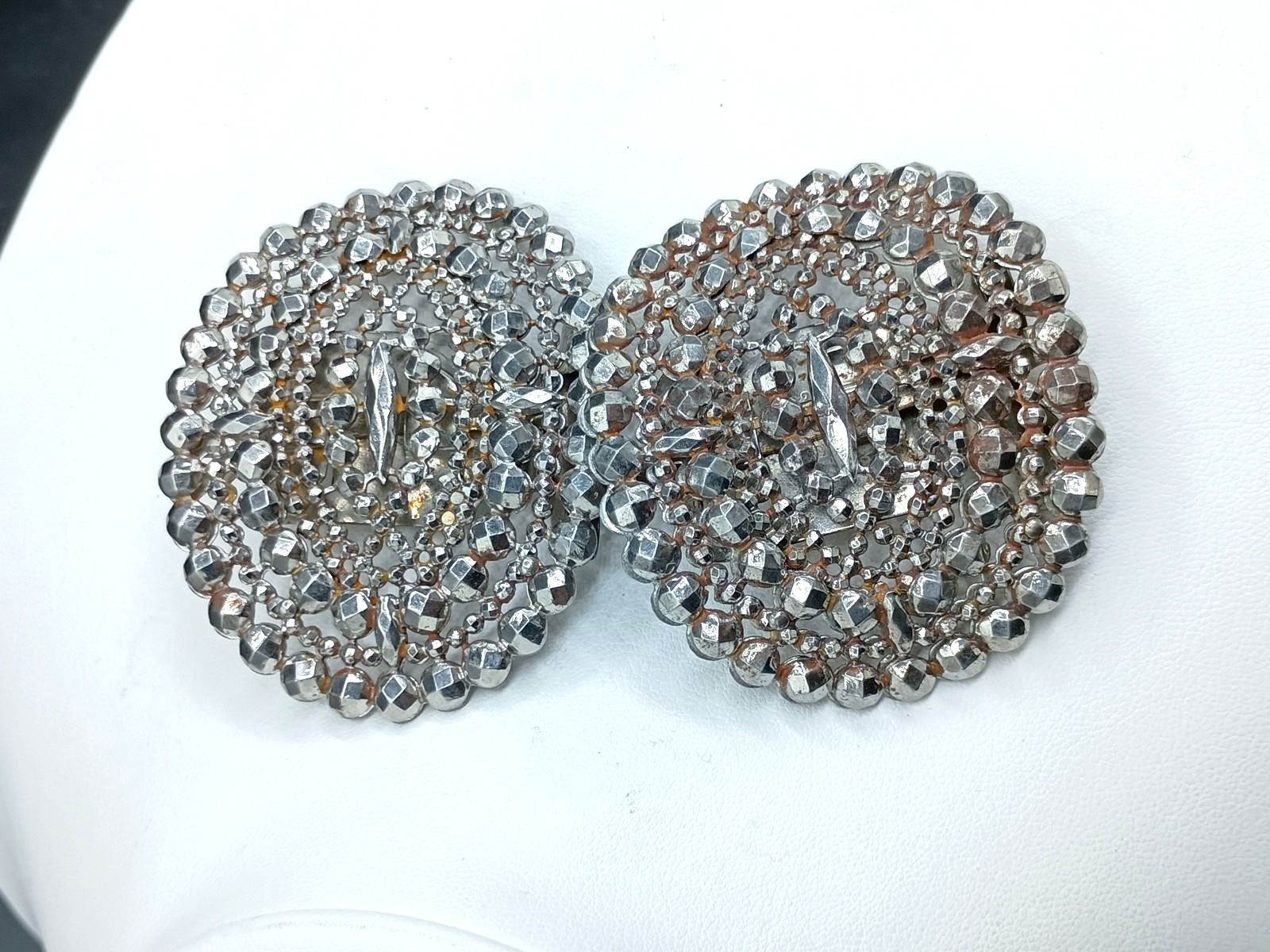 Antique Victorian Shoe Buckle Clip Pair Signed Made In France Cut Steel Faceted