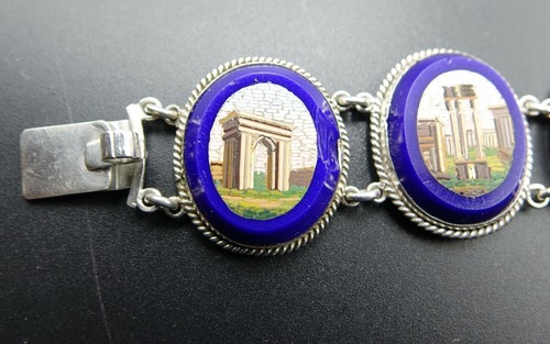 19th Century Italian Jewelry Bracelet Sterling Micro Mosaic Blue Lapis Six Panel - Picture 3 of 12