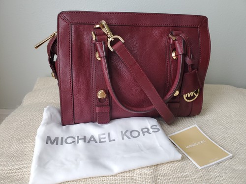 MICHAEL KORS Collins Gold Stud Medium Leather Satchel Merlot/Burgundy