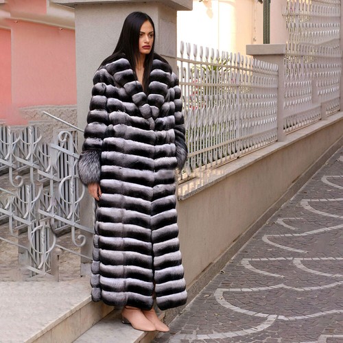 New Women Chinchilla Jacket Real Rex Rabbit Fur Coat with Fox Fur Winter Outwear - Picture 3 of 11