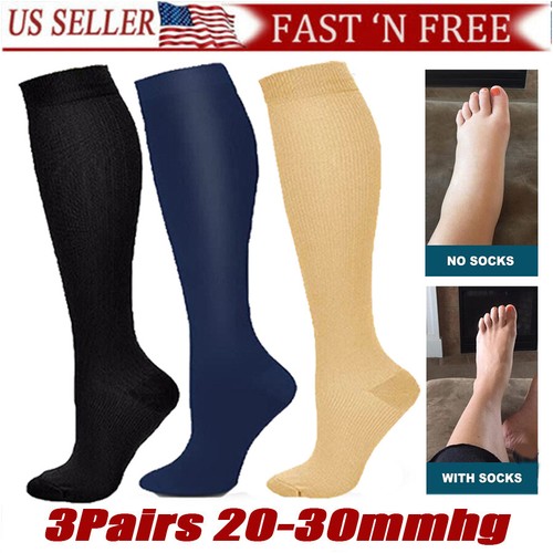 Unisex Compression Socks - 20-30 mmHg Black/Blue/Beige (3 Pairs) - Picture 3 of 15