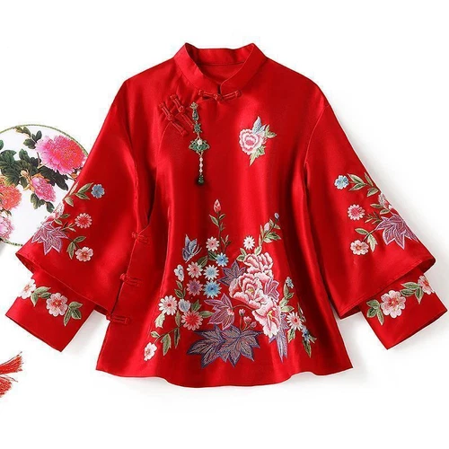 Mujeres Chino Tang Prendas para el torso Tradicional Bordado Chaqueta Ropa Cuello Soporte Abrigo - Imagen 7 de 18
