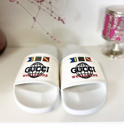 Gucci Men's Worldwide White Logo Slides Size