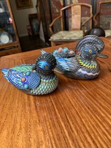Antique Chinese Pair Cloisonne Silver Ducks Qing China Asian