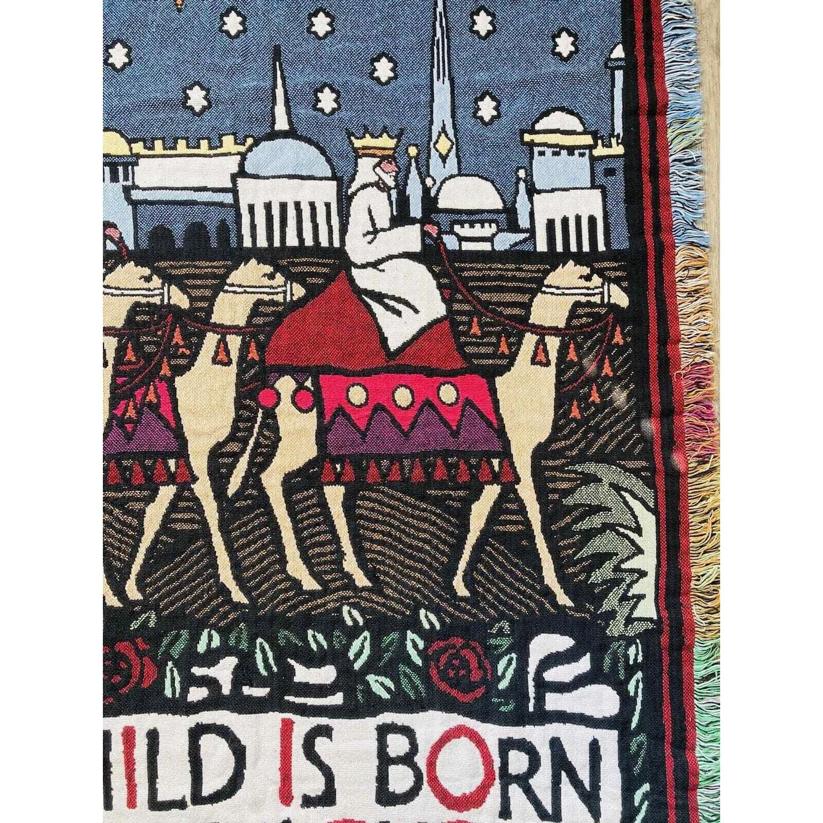 Woven Tapestry Throw Blanket Christmas Wise Men Child Born Bethlehem Reversible