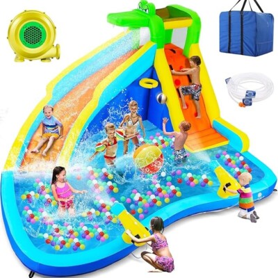 Inflatable Kids Bounce House Water Slide with Blower Water Gun Splash Pool Gifts
