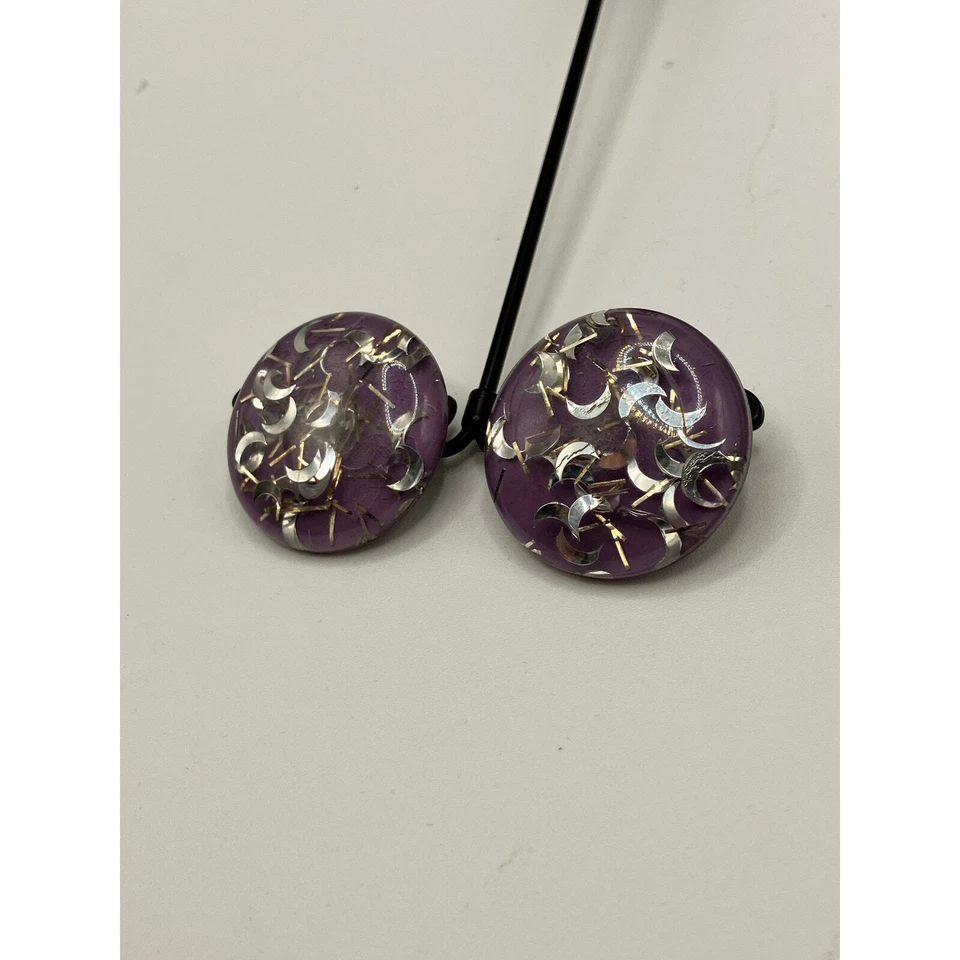 Vintage Purple Resin Encased Silver-Tone Metal and Wood Clip-On Earrings! - Image 3 of 4
