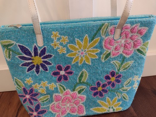 Borsa a mano con perline blu multicolore floreale tracolla boutique NUOVA! Donna - Foto 3 di 9