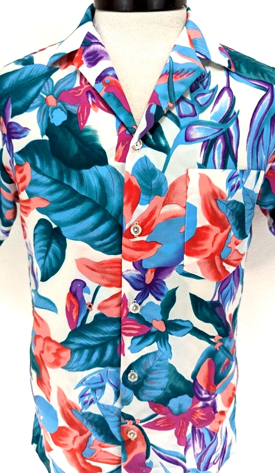Vtg 70s HILO HATTIE Men's S Hawaiian PARROT Bird Floral Dress Shirt Polyester * - Image 2 of 4